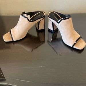 Bought in Italy! Gorgeous tan soft suede mules with black patent trim. Size 39